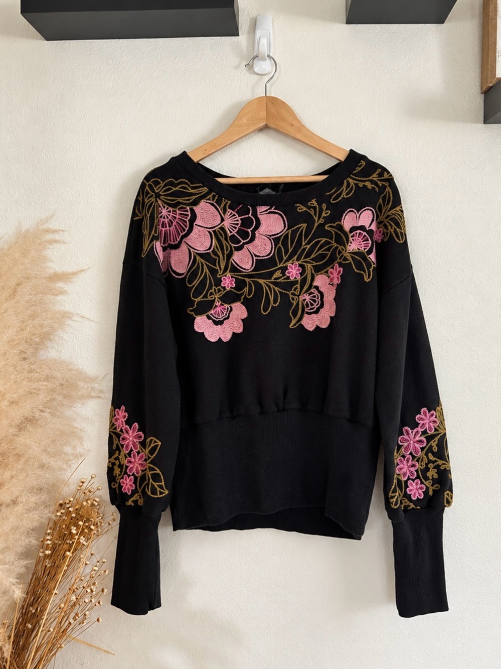 By Anthropologie Floral Embroidered Sweater Black Pink Balloon Sleeve Pullover